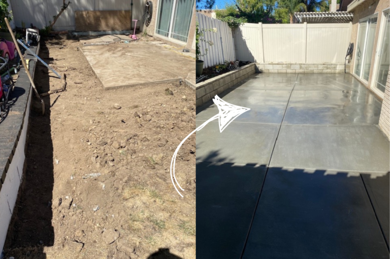 Image showcasing a before and after picture of a concrete patio installed by concrete contractors.