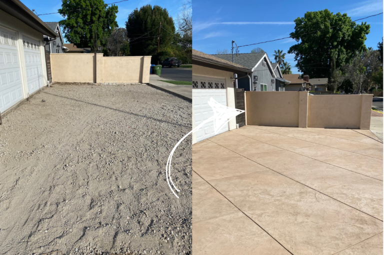 Image showcasing the progression of a stamped concrete driveway installed by a concrete contractor.