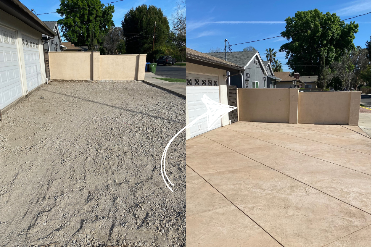 Image showcasing the progression of a stamped concrete driveway installed by a concrete contractor.