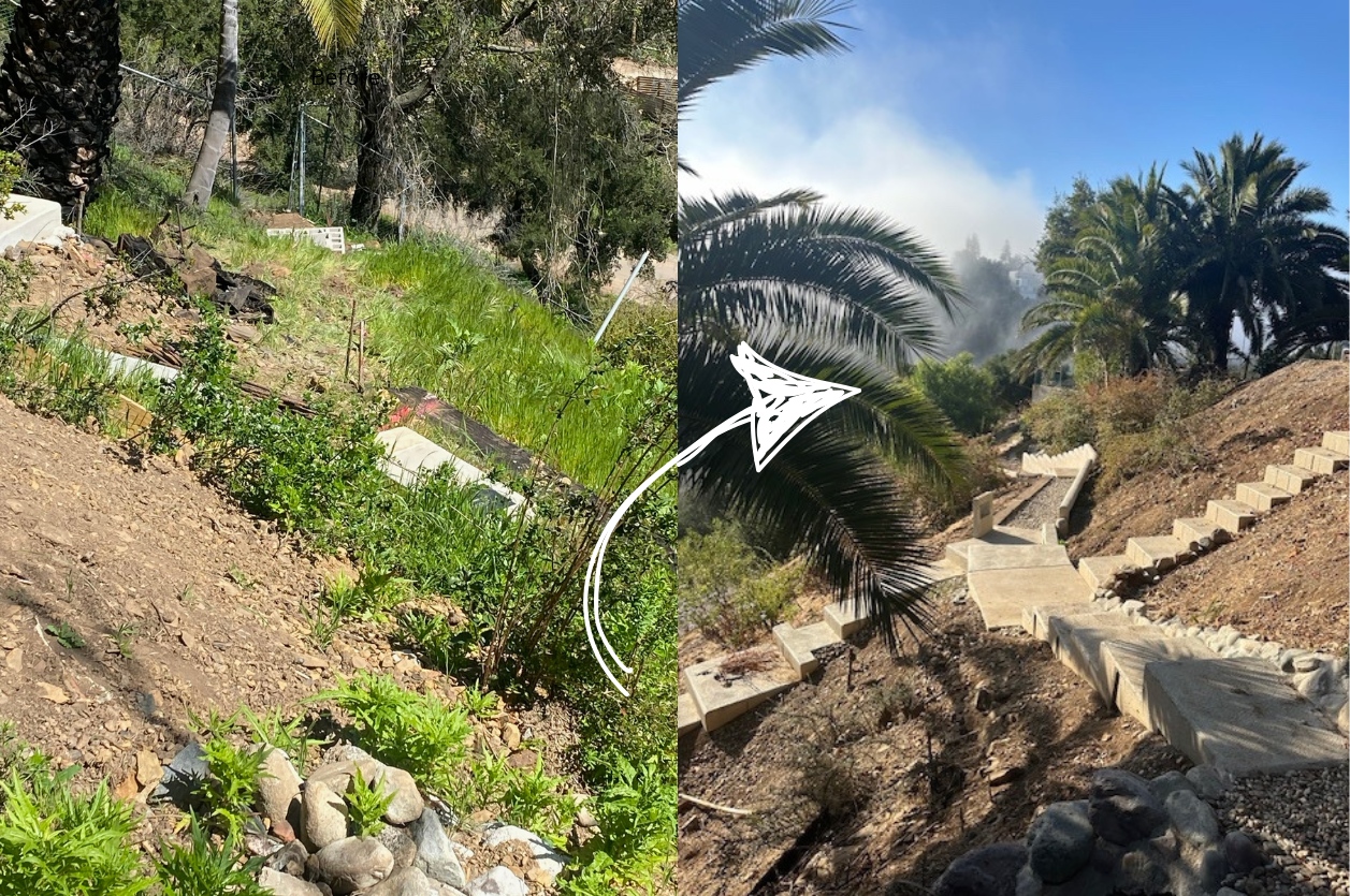 A image showcasing the before and after photos of a job site featuring landscape construction along a stunning estate. The landscape construction is shown with amazing concrete steps made by concrete contractors in Malibu, CA.
