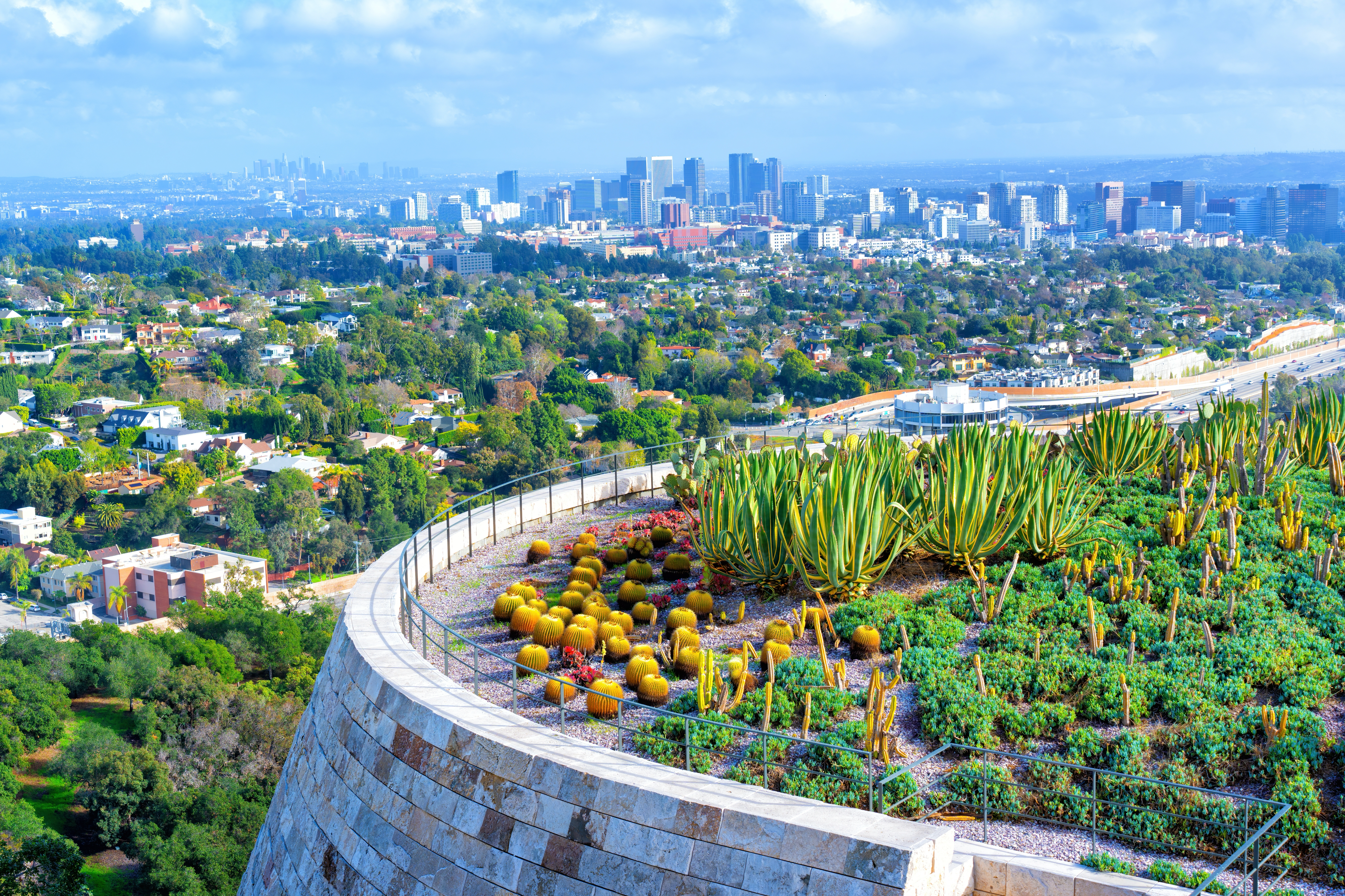 Image showcasing the stunning view from the Getty Center and the neighborhood of Brentwood in Los Angeles, California.
