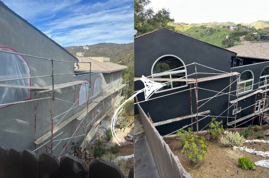 Image showcasing the before and after project results on a stuccoed house.