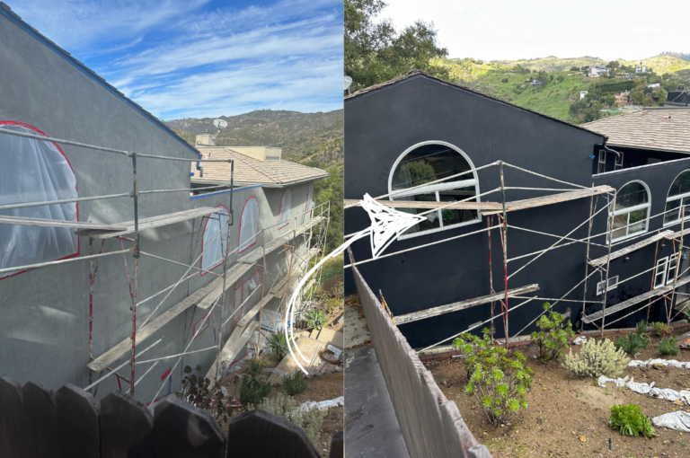 Image showcasing the before and after project results on a stuccoed house.