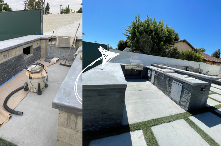 Image showcasing a stunning outdoor barbecue project with stone veneer and concrete countertops installed by concrete contractors.