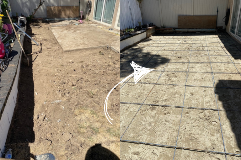 This image showcases the progression of a concrete patio installation.