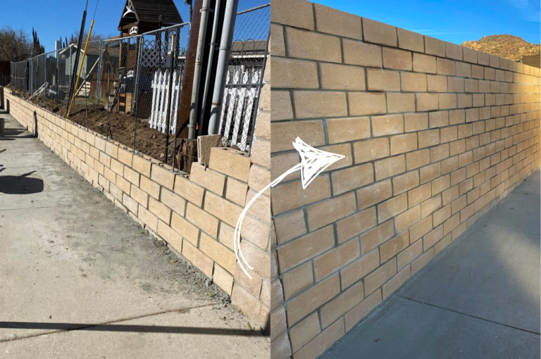 This image showcases the before and after results of a block wall installation by masonry contractors in Beverly Hills.