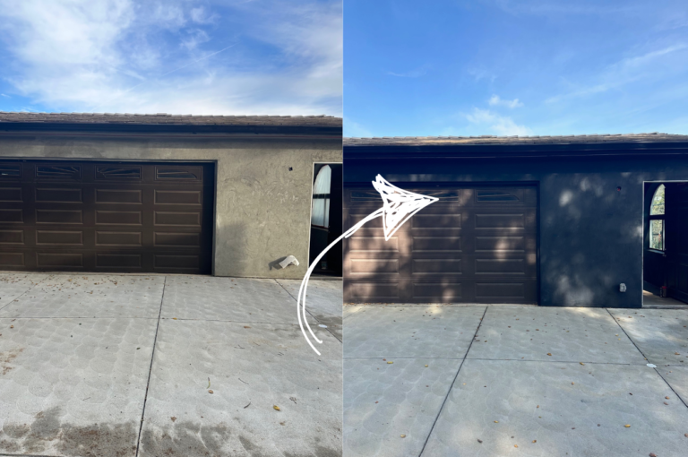 Image showcasing a before and after result of a stucco renovation project.