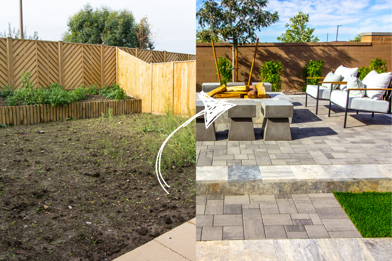 Image showcasing the before and after results of a paver patio constructed by paver contractors.