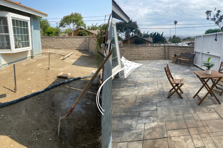 A picture showcasing the before and after results of a completed stamped concrete patio by concrete contractors in Beverly Hills.