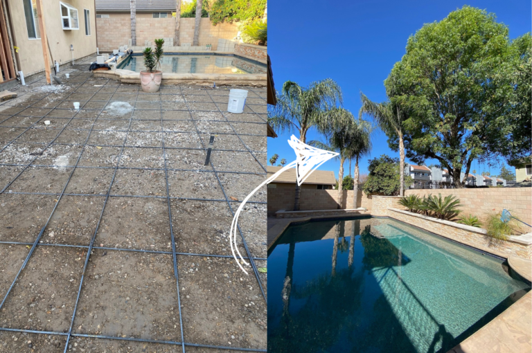 Image showcasing the before and after results of a completed outdoor renovation project featuring a stamped concrete patio and garden wall by a stunning pool.