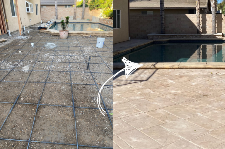 This image showcases the before and after results of a complete backyard renovation with a stamped concrete patio by the pool by concrete contractors in Beverly Hills.