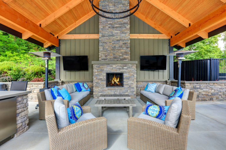Image showcasing a stunning patio and fireplace.