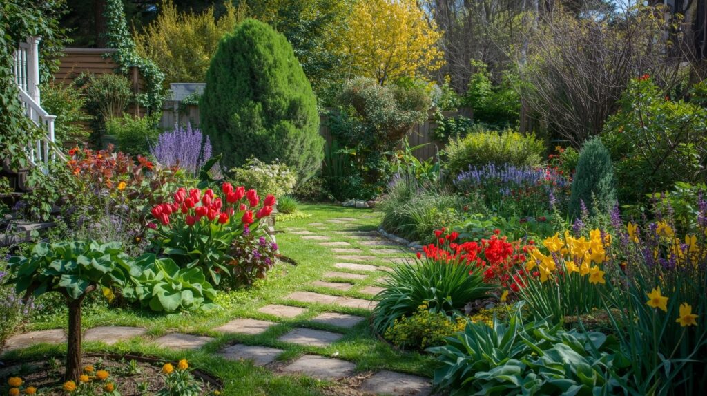 create a lushes garden in a backyard that reflects spring