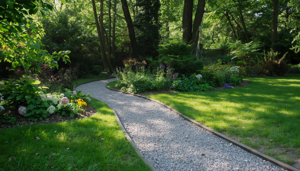 Realistic image of a gravel pathway in a backyard