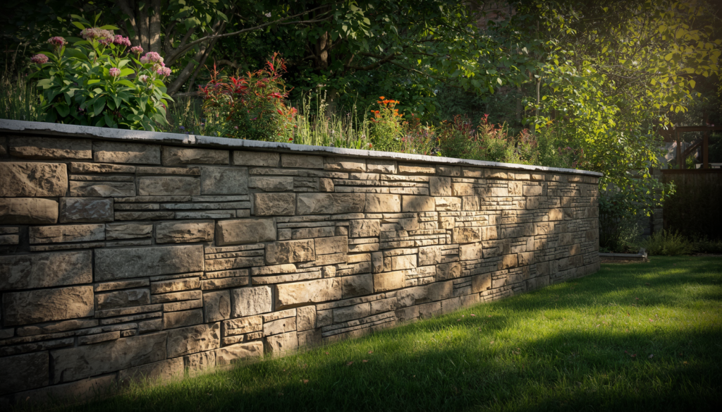 Realistic image of a stunning retaining wall surrounded by landscape elements