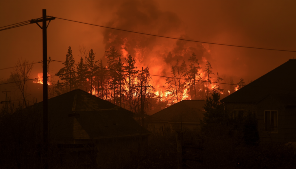 Wildfire burning in the distance near a neighborhood
