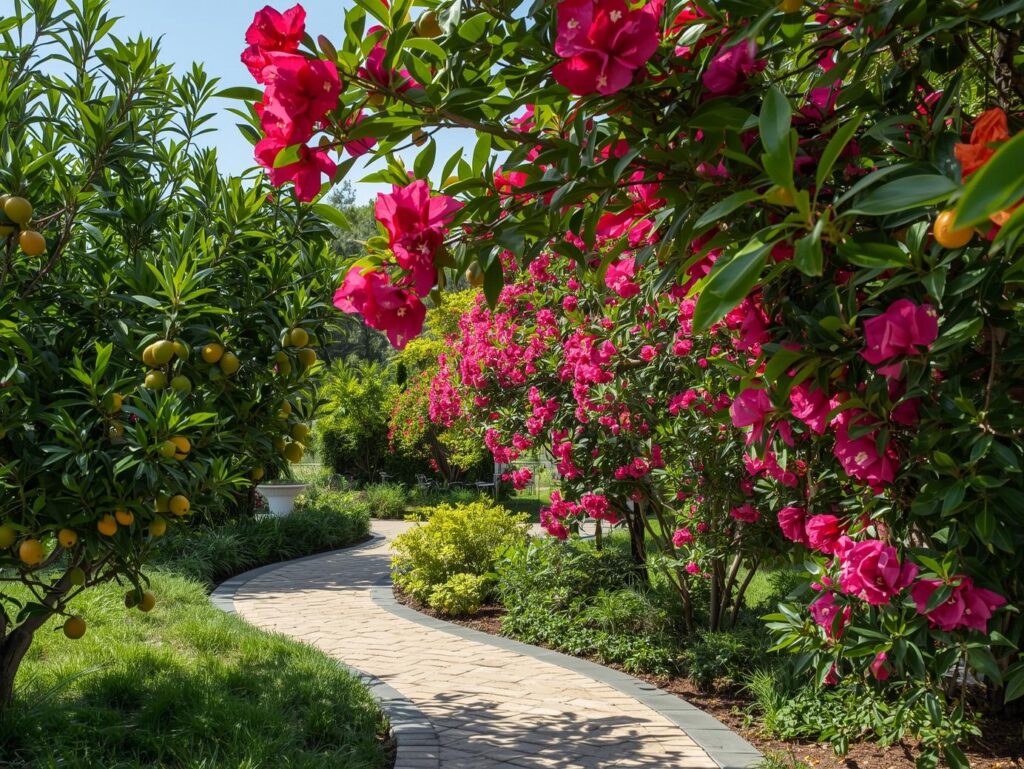 create winding paved pathways that lead visitors through a lush garden filled with vibrant bougainvillea, citrus trees,